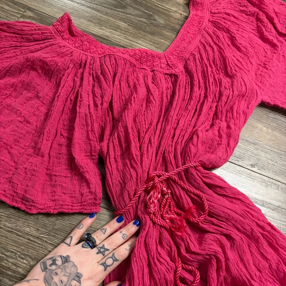 90s does 70s Greek Vintage Cotton Crinkle Midi Maxi Dress w Tie (Pink) O/S M-XL - Picture 3 of 7